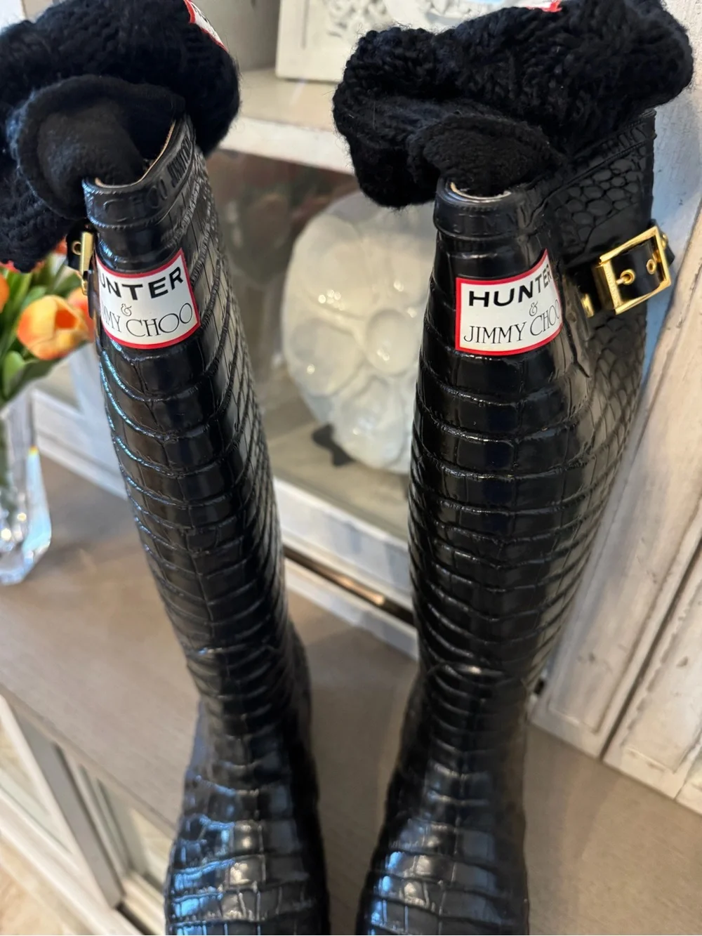 Hunter & Jimmy Choo Limited Edition Black Croc-Embossed Tall Rain Boots